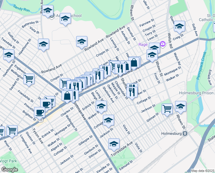 map of restaurants, bars, coffee shops, grocery stores, and more near 4010 Oakmont Street in Philadelphia