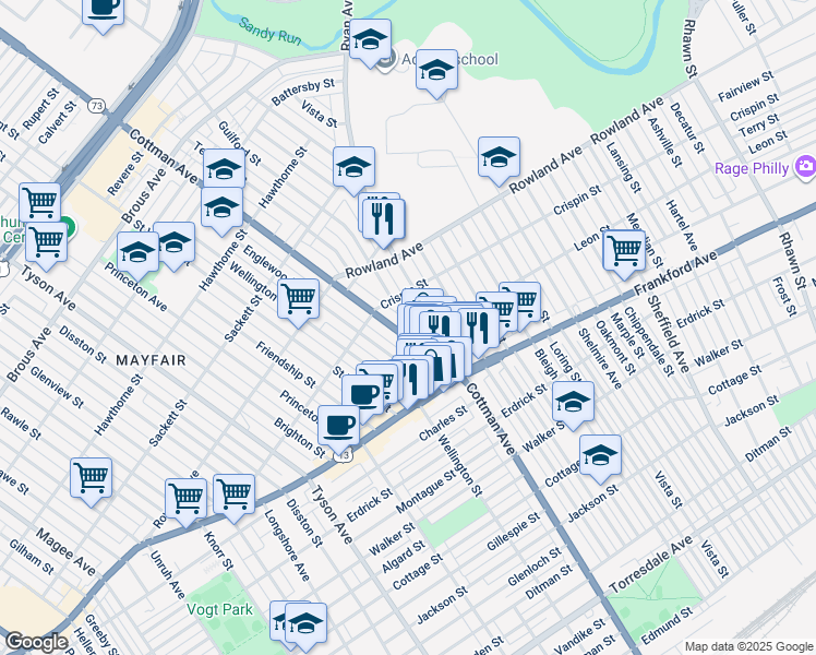 map of restaurants, bars, coffee shops, grocery stores, and more near 3443 Cottman Avenue in Philadelphia