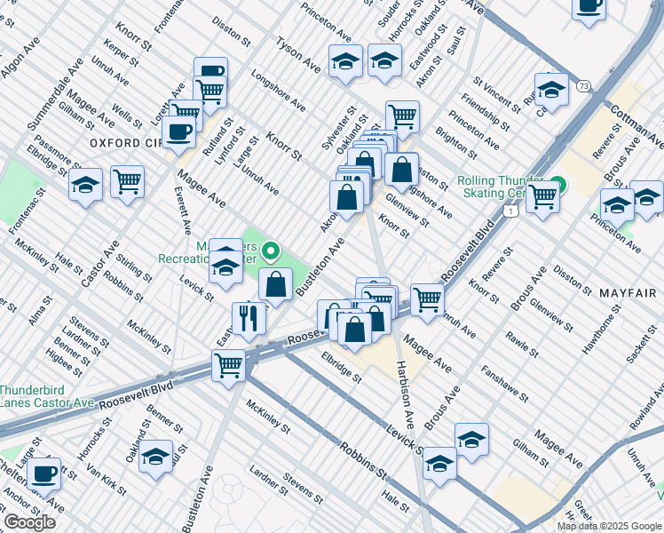 map of restaurants, bars, coffee shops, grocery stores, and more near 2106 Fanshawe Street in Philadelphia