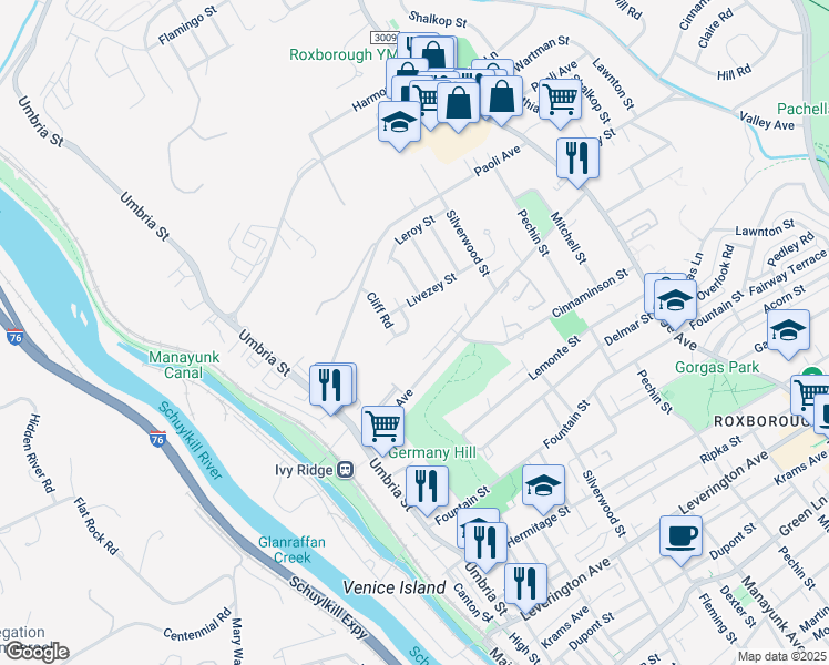map of restaurants, bars, coffee shops, grocery stores, and more near 329 Lodge Road in Philadelphia