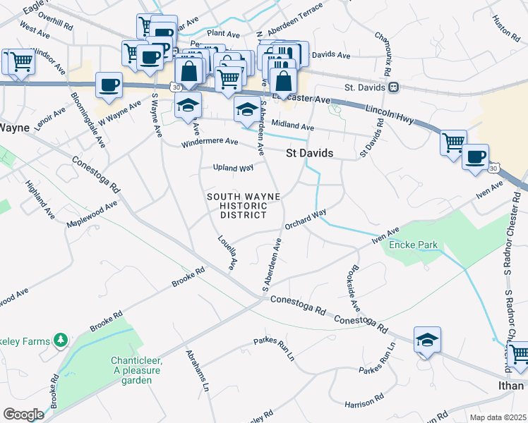 map of restaurants, bars, coffee shops, grocery stores, and more near 222 Pembroke Avenue in Wayne