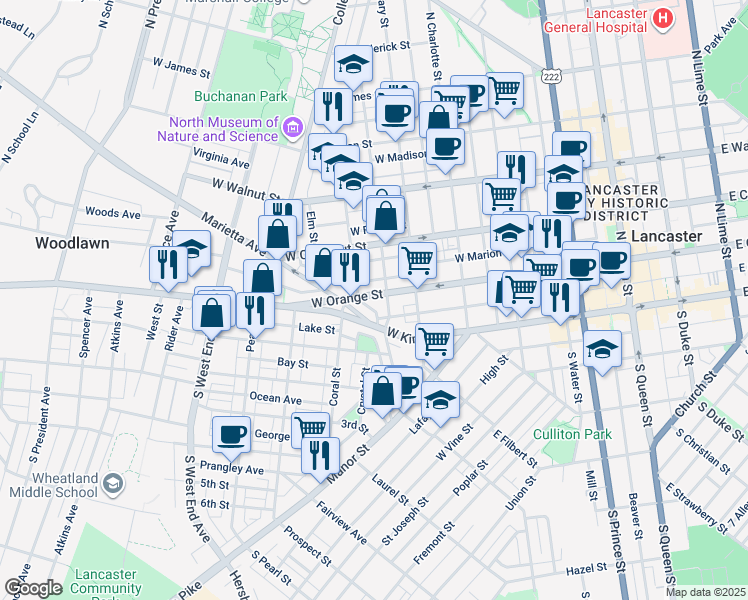 map of restaurants, bars, coffee shops, grocery stores, and more near 552 West Orange Street in Lancaster