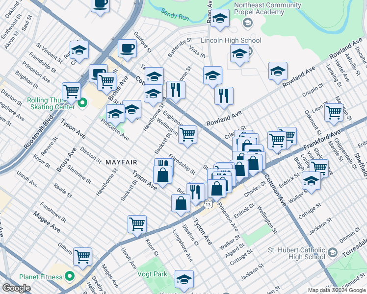map of restaurants, bars, coffee shops, grocery stores, and more near 3251 Saint Vincent Street in Philadelphia