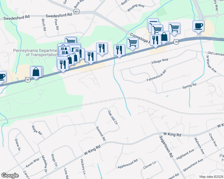 map of restaurants, bars, coffee shops, grocery stores, and more near 9 South Malin Road in Malvern