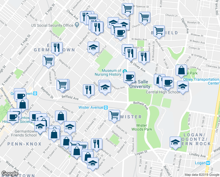 map of restaurants, bars, coffee shops, grocery stores, and more near 526 East Queen Lane in Philadelphia