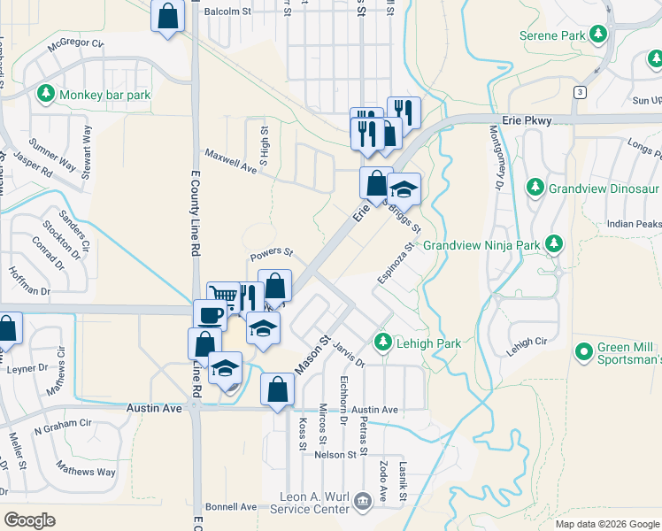 map of restaurants, bars, coffee shops, grocery stores, and more near 533 Gallegos Circle in Erie