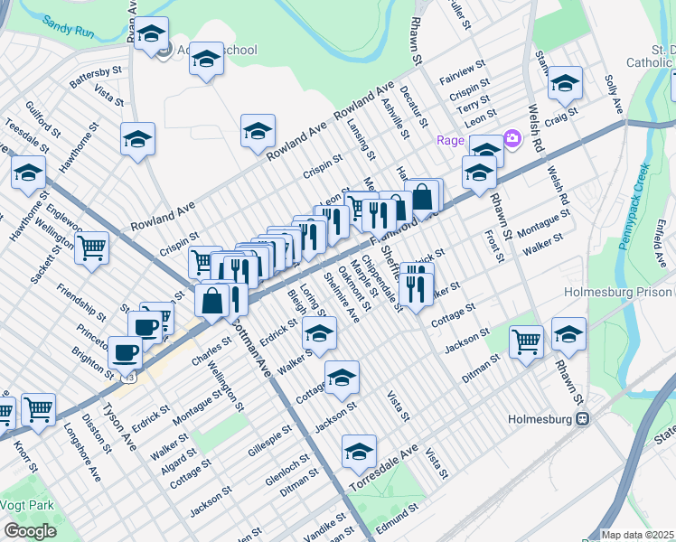 map of restaurants, bars, coffee shops, grocery stores, and more near 4010 Oakmont Street in Philadelphia