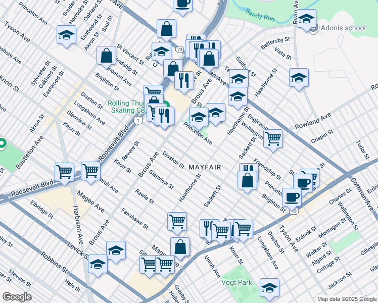 map of restaurants, bars, coffee shops, grocery stores, and more near 3001 Tyson Avenue in Philadelphia