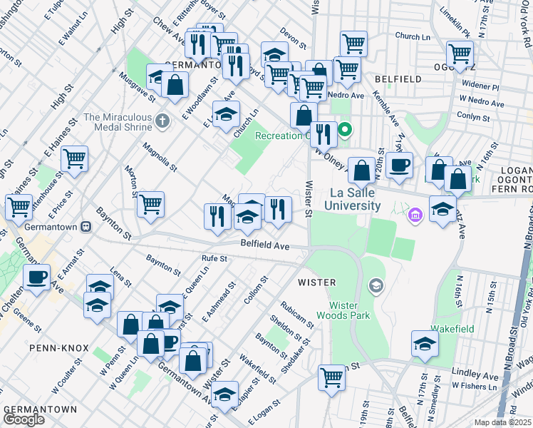 map of restaurants, bars, coffee shops, grocery stores, and more near 526 East Queen Lane in Philadelphia