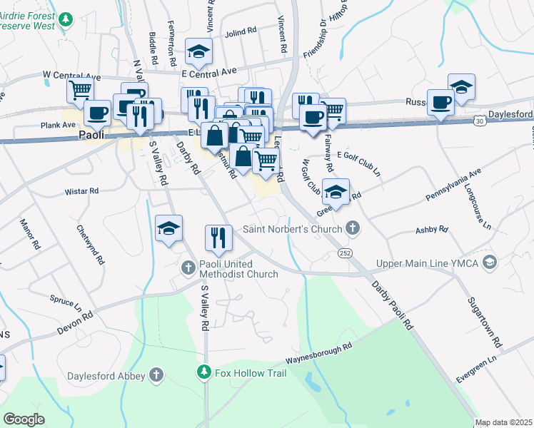 map of restaurants, bars, coffee shops, grocery stores, and more near 301 Paoli Woods Drive in Paoli