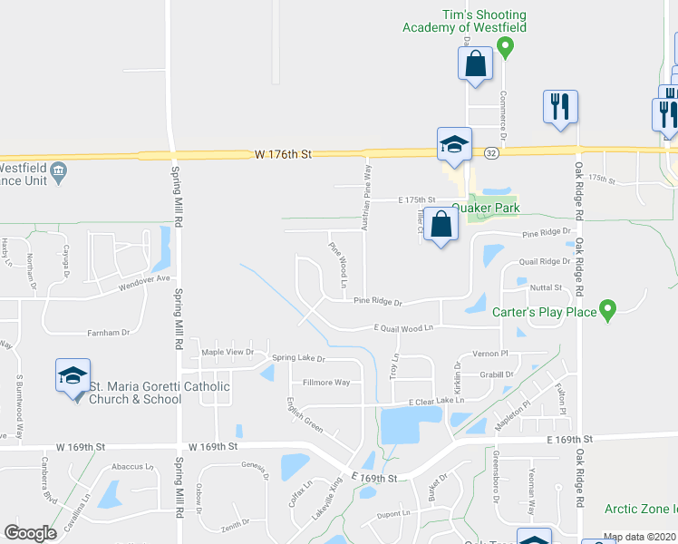 map of restaurants, bars, coffee shops, grocery stores, and more near 17340 Pine Wood Lane in Westfield