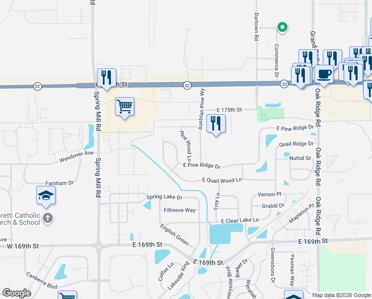 map of restaurants, bars, coffee shops, grocery stores, and more near 17323 Pine Wood Lane in Westfield