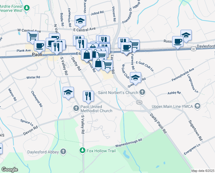 map of restaurants, bars, coffee shops, grocery stores, and more near 301 Paoli Woods Drive in Paoli