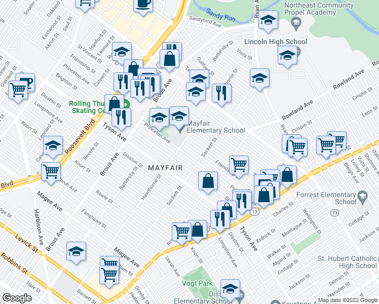 map of restaurants, bars, coffee shops, grocery stores, and more near 3123 Princeton Avenue in Philadelphia