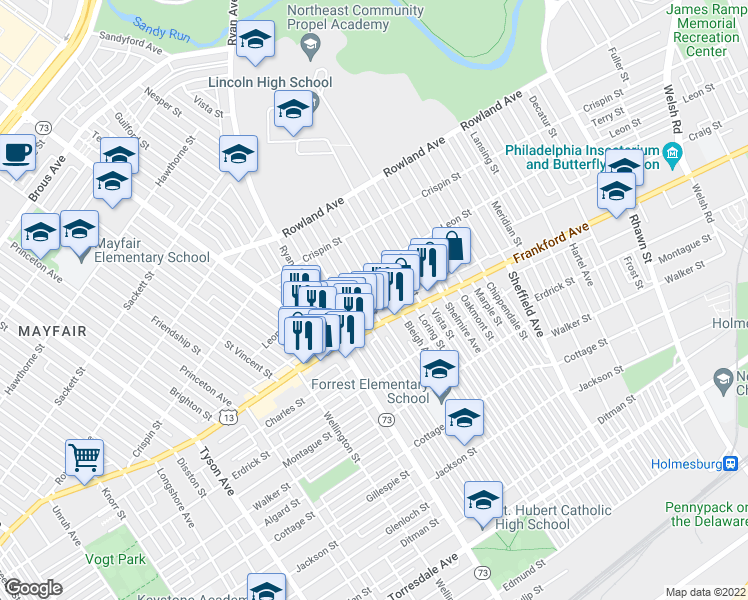 map of restaurants, bars, coffee shops, grocery stores, and more near 3537 Tudor Street in Philadelphia