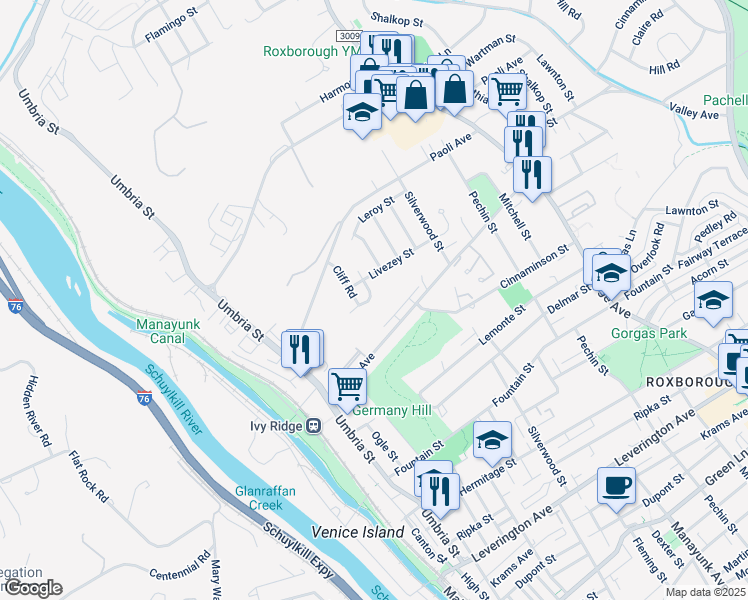 map of restaurants, bars, coffee shops, grocery stores, and more near 329 Lodge Road in Philadelphia