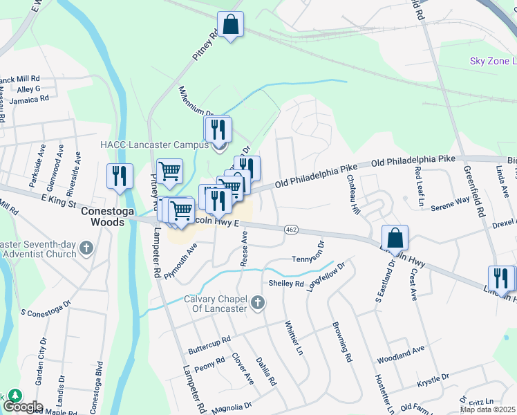 map of restaurants, bars, coffee shops, grocery stores, and more near 10 Ohio Avenue in Lancaster