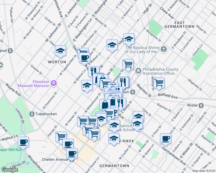 map of restaurants, bars, coffee shops, grocery stores, and more near 34 East Rittenhouse Street in Philadelphia