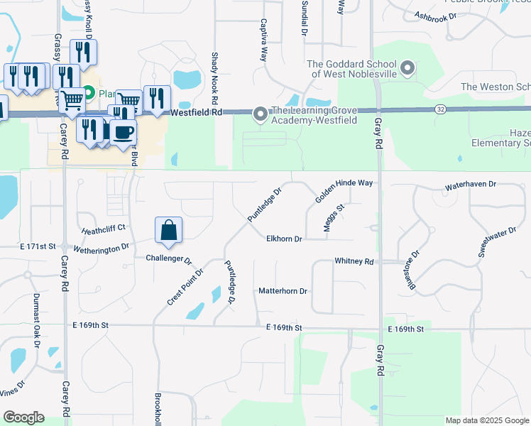 map of restaurants, bars, coffee shops, grocery stores, and more near 17209 Puntledge Drive in Noblesville