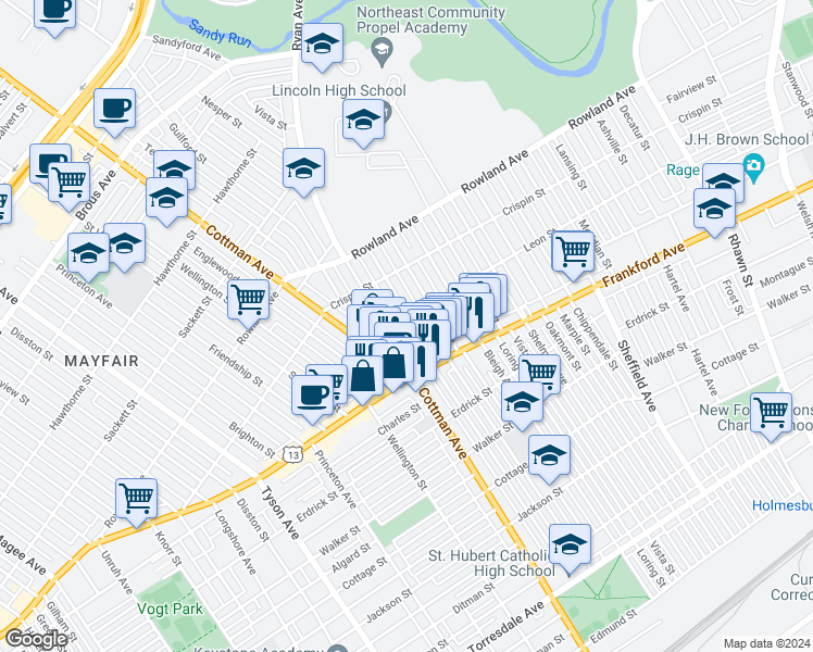 map of restaurants, bars, coffee shops, grocery stores, and more near 3506 Aldine Street in Philadelphia