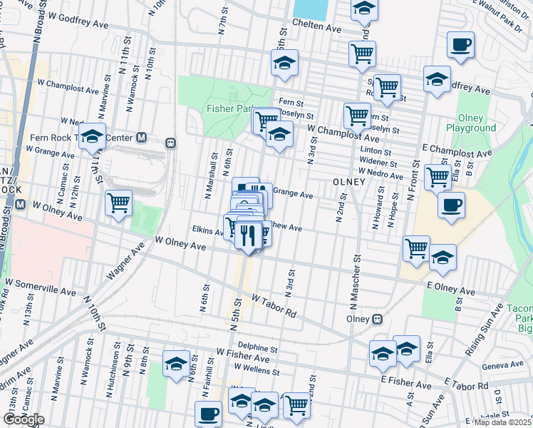 map of restaurants, bars, coffee shops, grocery stores, and more near 5714 North Lawrence Street in Philadelphia