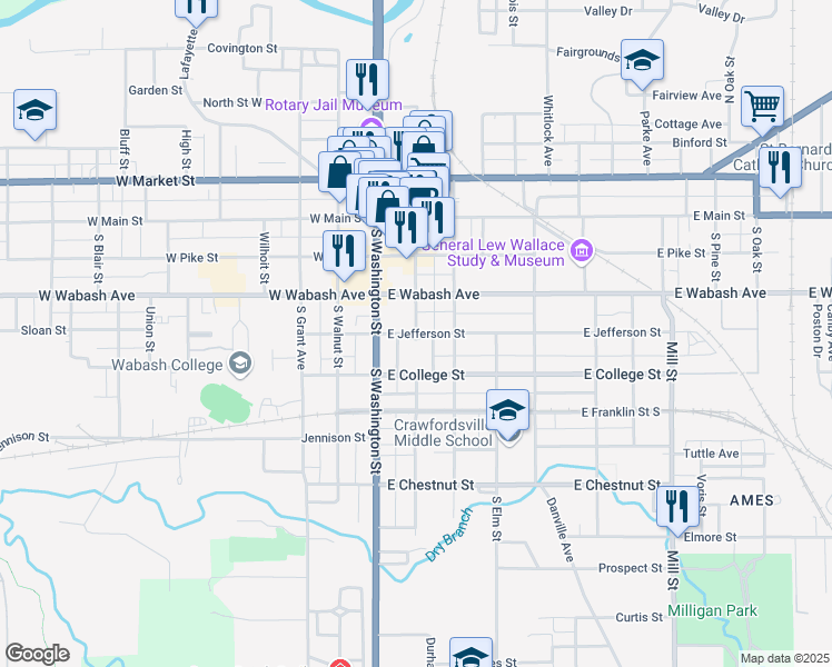 map of restaurants, bars, coffee shops, grocery stores, and more near 201 East Jefferson Street in Crawfordsville