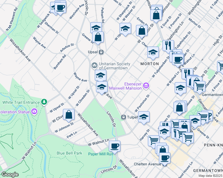 map of restaurants, bars, coffee shops, grocery stores, and more near 6346 Sherman Street in Philadelphia