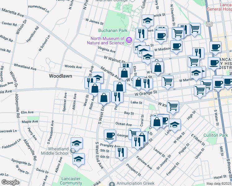 map of restaurants, bars, coffee shops, grocery stores, and more near 813 Columbia Ave in Lancaster