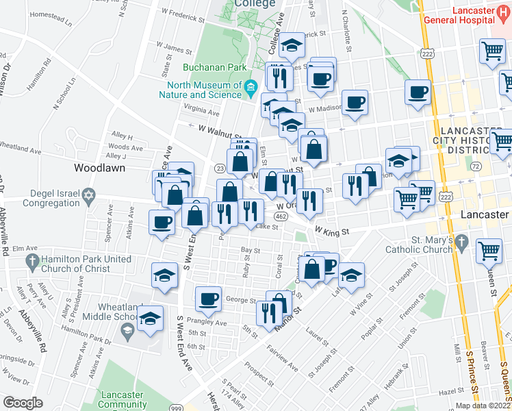 map of restaurants, bars, coffee shops, grocery stores, and more near 661 West Orange Street in Lancaster