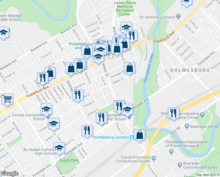 map of restaurants, bars, coffee shops, grocery stores, and more near 4308 Rhawn Street in Philadelphia