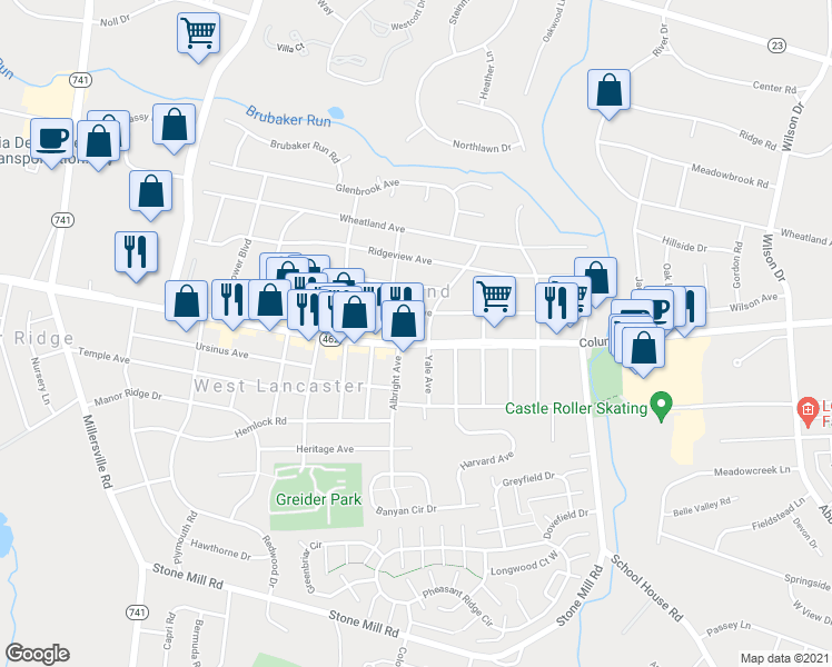 map of restaurants, bars, coffee shops, grocery stores, and more near 1711 Lincoln Highway in Lancaster