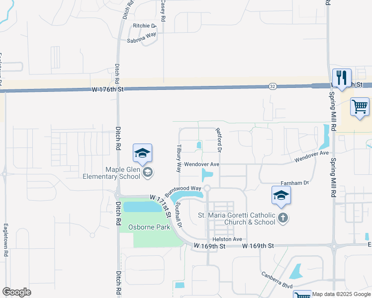 map of restaurants, bars, coffee shops, grocery stores, and more near 1046 Swinton Way in Westfield