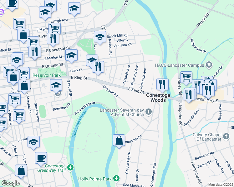 map of restaurants, bars, coffee shops, grocery stores, and more near 75 City Mill Road in Lancaster