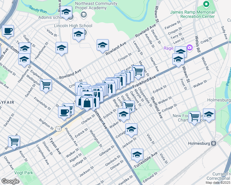 map of restaurants, bars, coffee shops, grocery stores, and more near 7406 Frankford Avenue in Philadelphia
