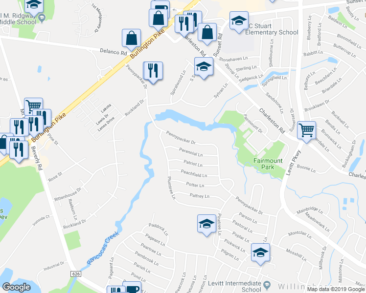 map of restaurants, bars, coffee shops, grocery stores, and more near 20 Perennial Lane in Willingboro