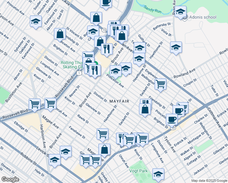 map of restaurants, bars, coffee shops, grocery stores, and more near 3014 Brighton Street in Philadelphia