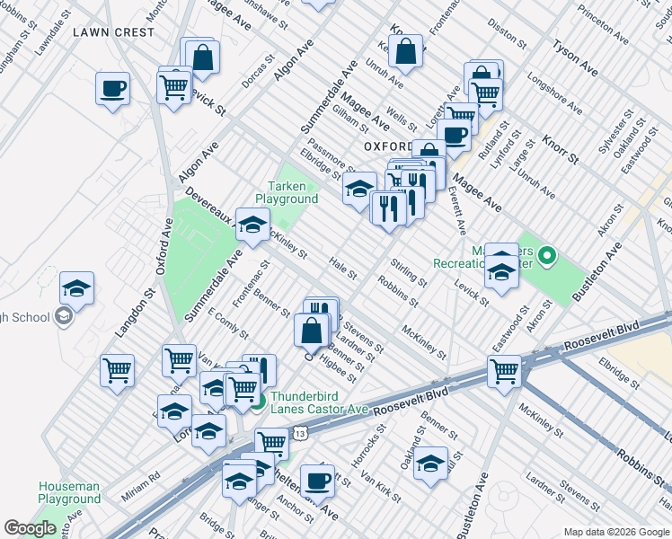 map of restaurants, bars, coffee shops, grocery stores, and more near 1301 Devereaux Avenue in Philadelphia