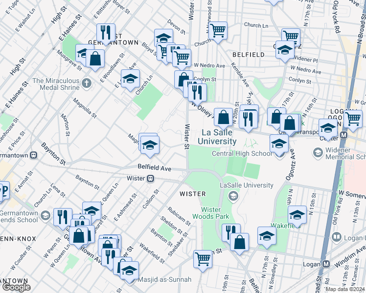 map of restaurants, bars, coffee shops, grocery stores, and more near 545L Wister Street in Philadelphia