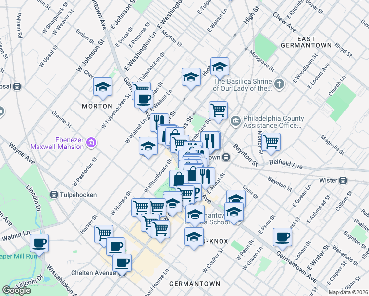 map of restaurants, bars, coffee shops, grocery stores, and more near 34 East Rittenhouse Street in Philadelphia