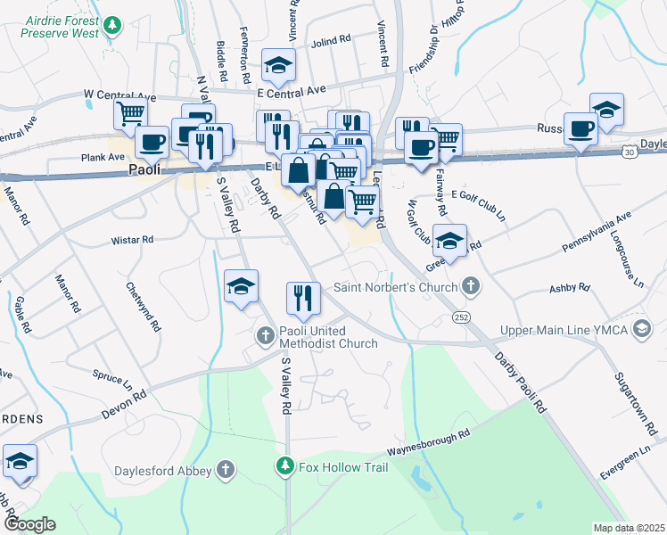 map of restaurants, bars, coffee shops, grocery stores, and more near 373 Paoli Woods Drive in Paoli