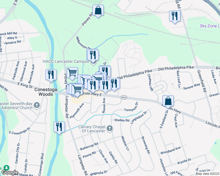 map of restaurants, bars, coffee shops, grocery stores, and more near 10 Ohio Avenue in Lancaster