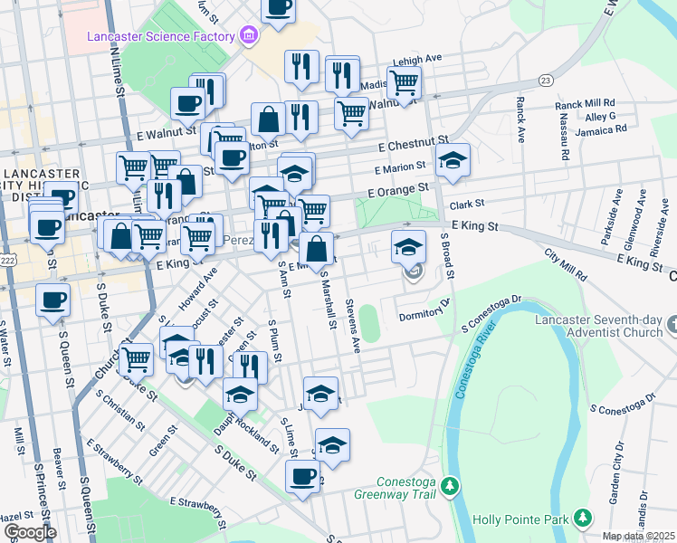 map of restaurants, bars, coffee shops, grocery stores, and more near 72 South Marshall Street in Lancaster