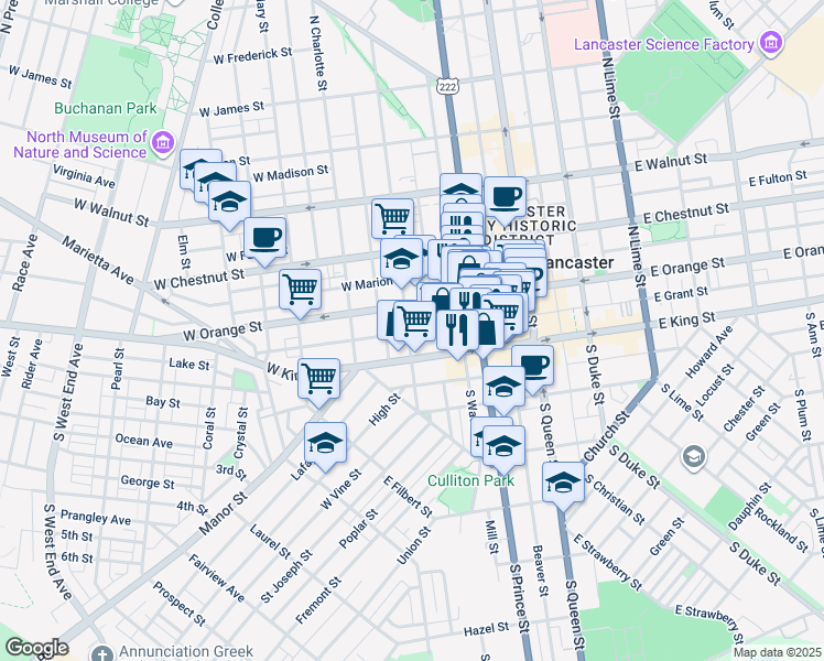 map of restaurants, bars, coffee shops, grocery stores, and more near 27 North Mulberry Street in Lancaster