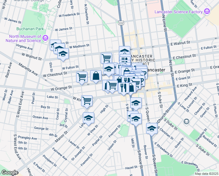 map of restaurants, bars, coffee shops, grocery stores, and more near 20 North Mulberry Street in Lancaster