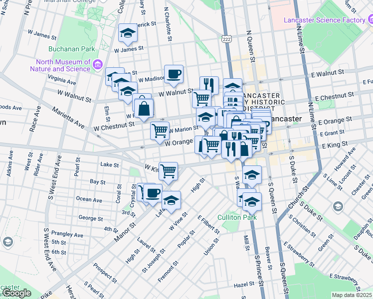 map of restaurants, bars, coffee shops, grocery stores, and more near 27 North Charlotte Street in Lancaster