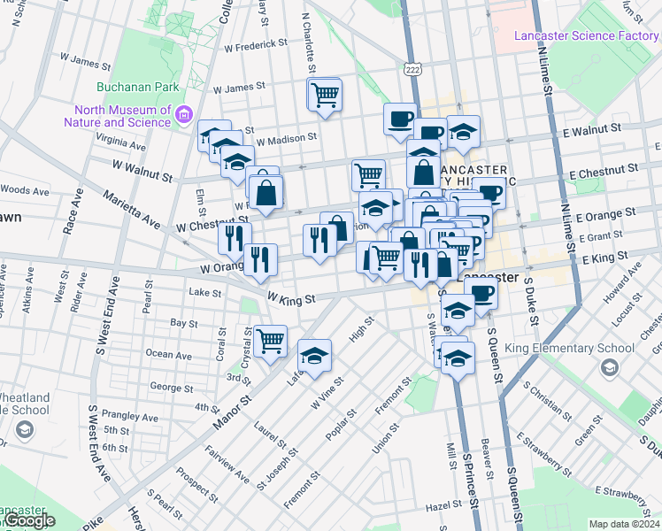 map of restaurants, bars, coffee shops, grocery stores, and more near 27 North Charlotte Street in Lancaster