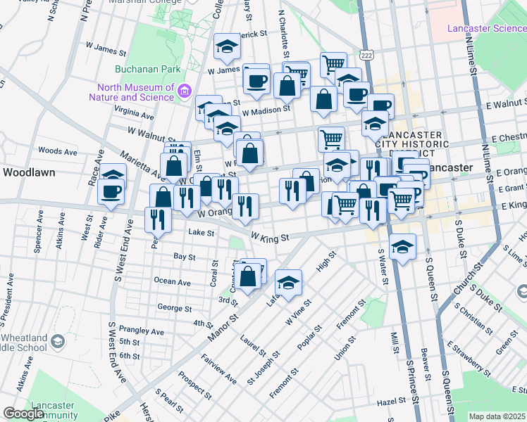 map of restaurants, bars, coffee shops, grocery stores, and more near 31 Lee Avenue in Lancaster