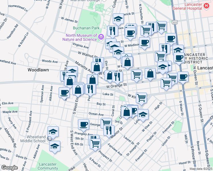 map of restaurants, bars, coffee shops, grocery stores, and more near 665 Columbia Avenue in Lancaster