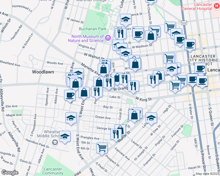 map of restaurants, bars, coffee shops, grocery stores, and more near 665 Columbia Avenue in Lancaster