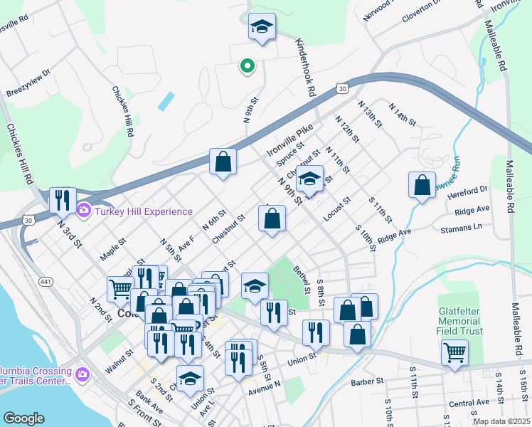 map of restaurants, bars, coffee shops, grocery stores, and more near 733 Avenue G in Columbia